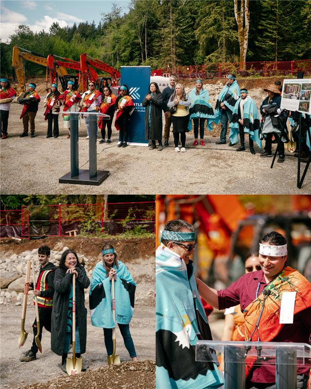 Multiple view of commmunity leaders on Kwantlen nation reserve with golden Kindred Construction shoves
