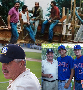 A collage of men at a construction site and at a baseball field, some wearing baseball uniforms and caps.