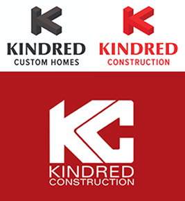 Three logos for Kindred Construction, each featuring a bold K graphic and the company name in different colors.