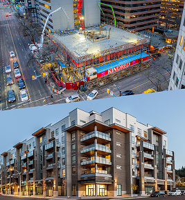 Split image: top shows a building under construction; bottom shows a finished modern apartment complex.
