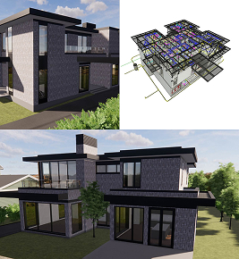 Modern two-story house exterior and a digital architectural floor plan with visible roof structure.